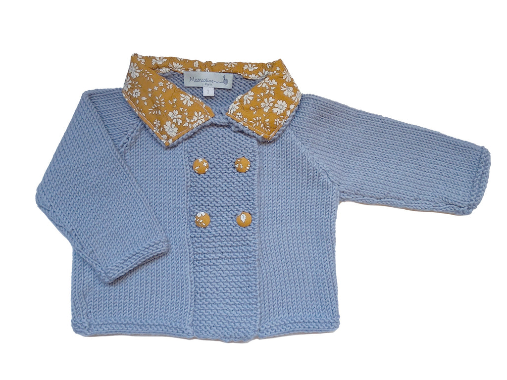 Veste bébé en laine mérinos bleu, tricotée main en France