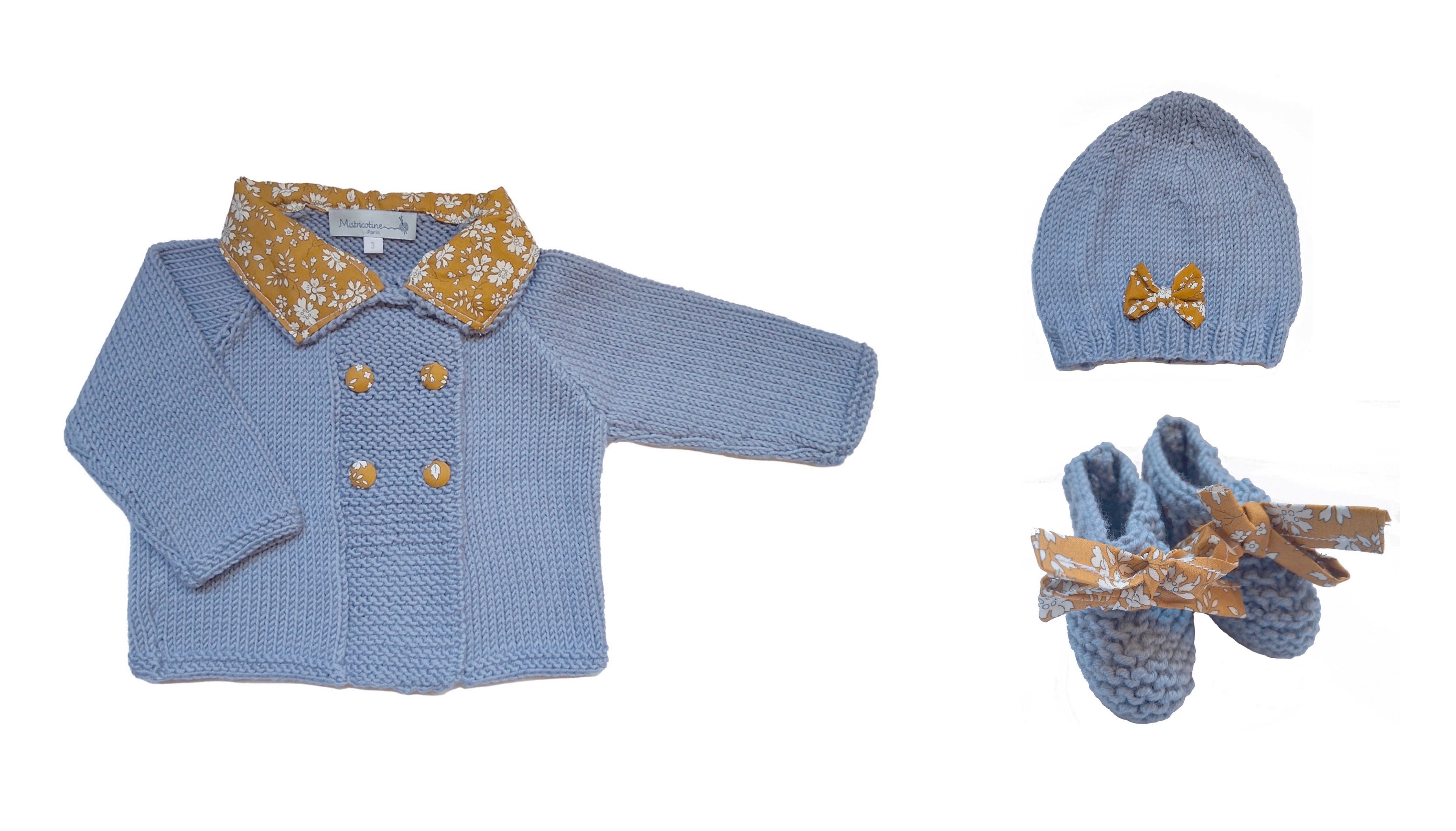 Ensemble bébé laine mérinos - Emma bleu